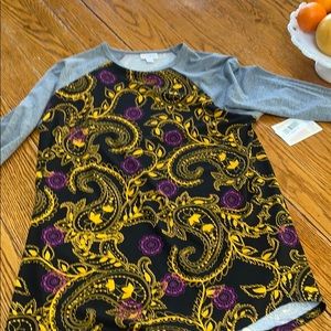 LulaRoe Randy jersey top, purple & gold, paisley.  Size Medium.